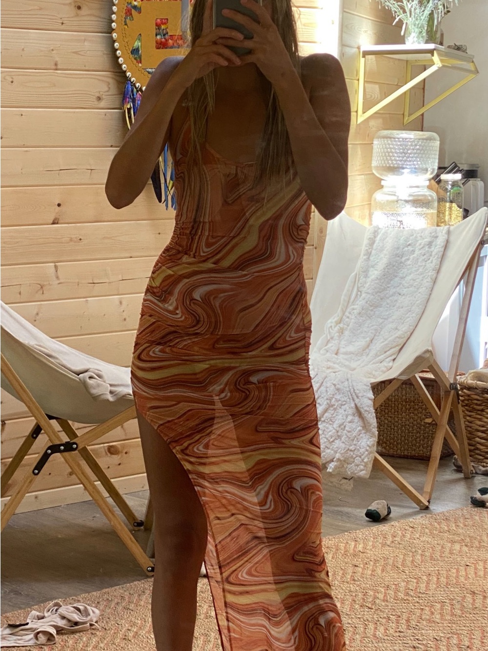 Peppermayo Orange Marble-Print Maxi Slit Tulum Dress with Ring Halter wavy